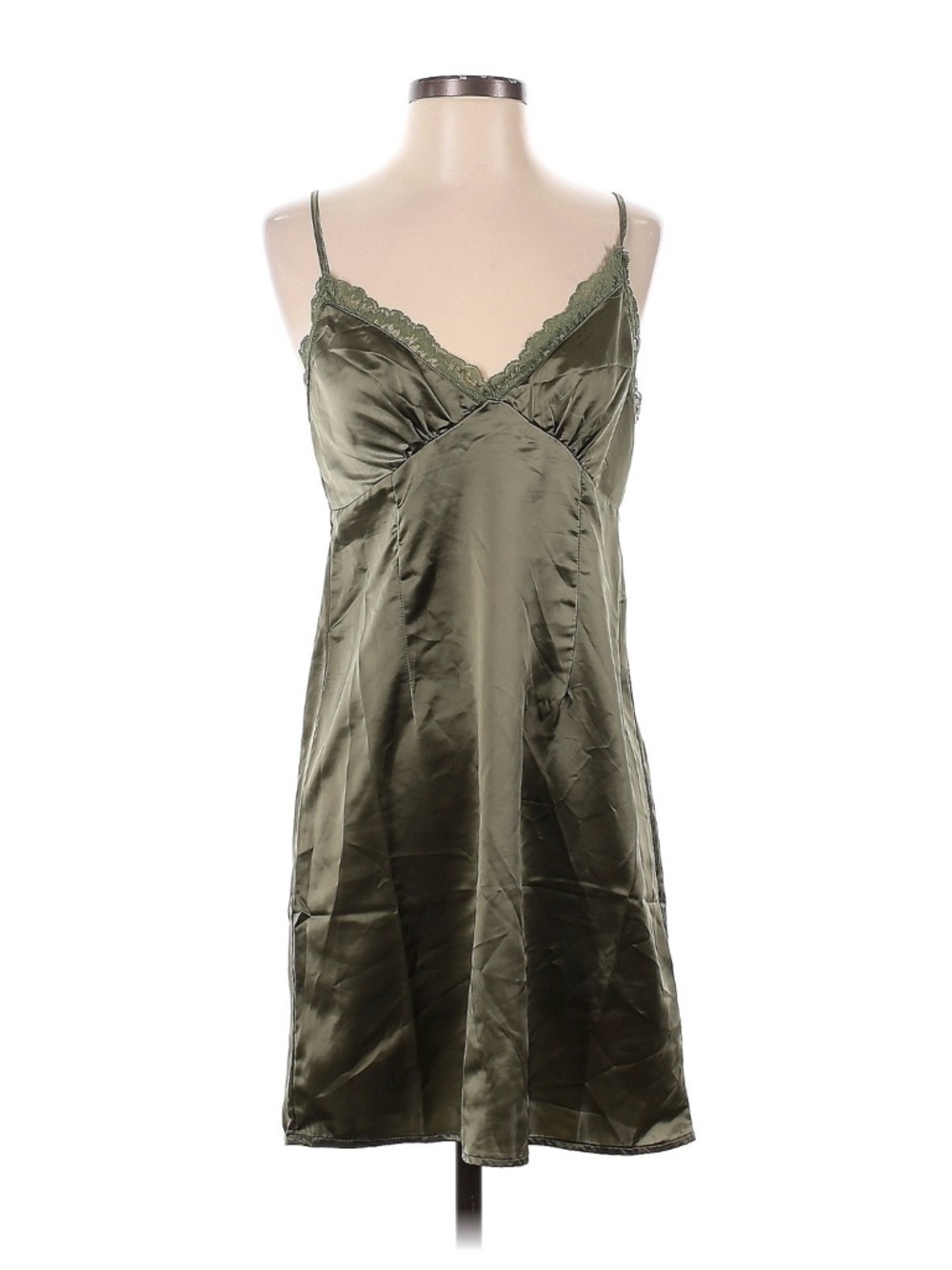 Divided Olive Green Satin Lace-Trim Mini Slip Dress